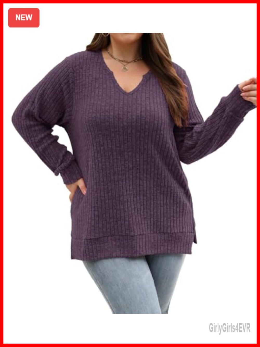 Womens Plus Size Loose Tunic Sweater Long Sleeve V Neck Knit Top